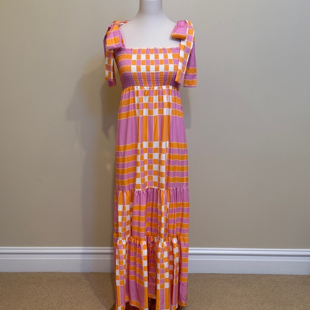 Pink & Orange Smocked Tiered Maxi Dress | Tie Shoulder | Boho Summer | Size M